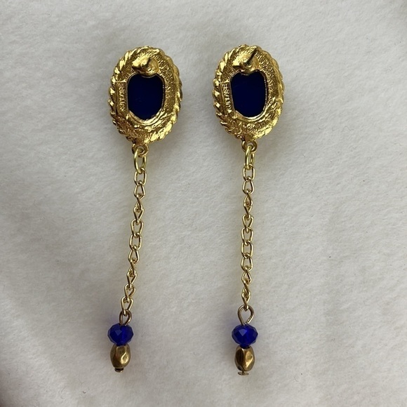 Earrings Navy Blue with Gold Toned Rope and Chain - Picture 3 of 6